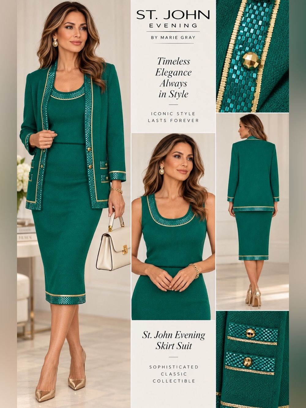 Vintage St. John Evening Marie Gray 3PC Emerald Sequin Knit Skirt Suit Sz 10